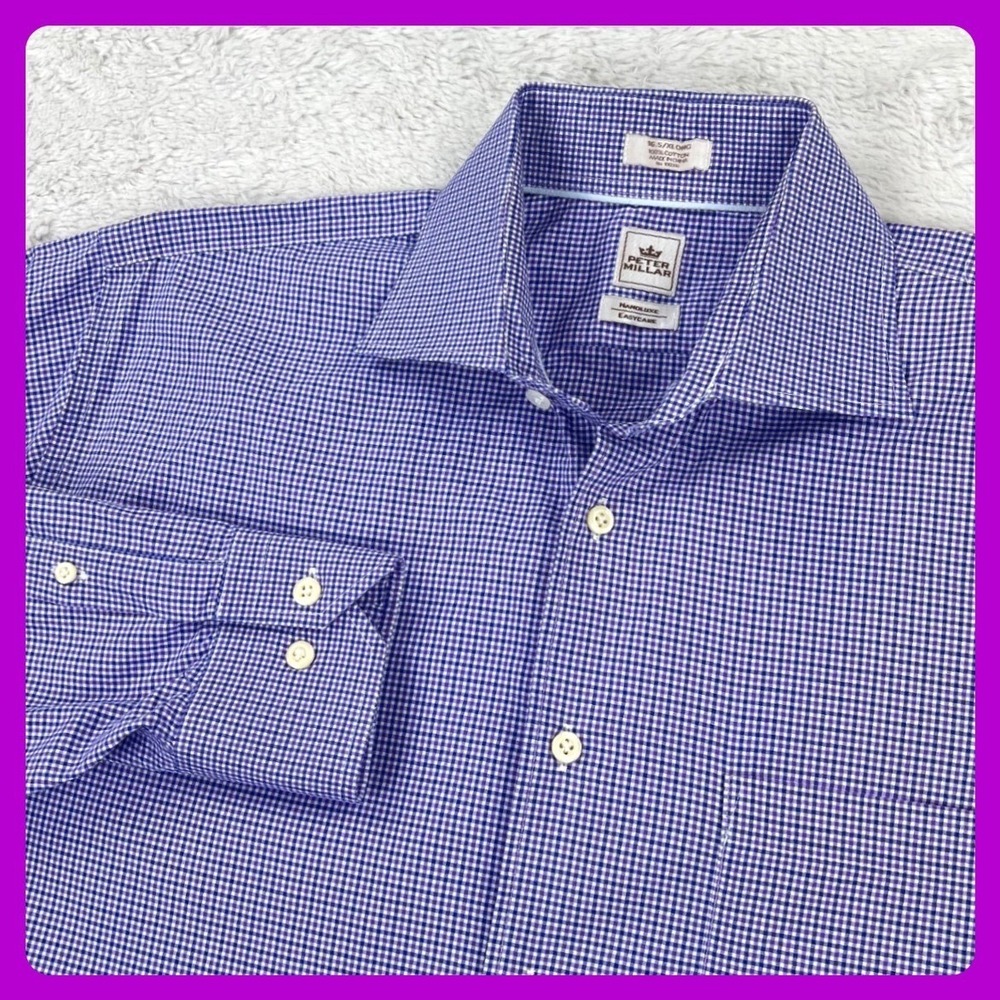 Peter Millar Nanoluxe Shirt‎ Men's 16.5 XLONG Purple Gingham Check Long Sleeve